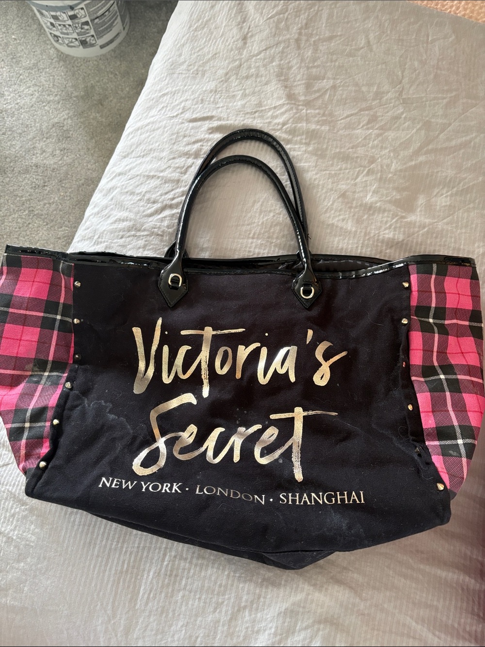 Victoria's Secret Black & Pink Plaid Tote Bag